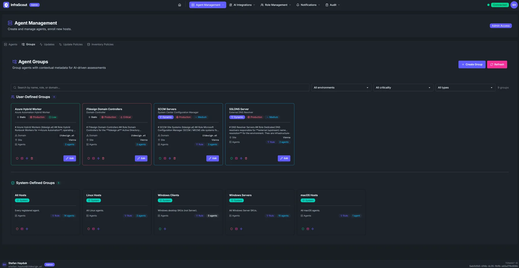Agent Groups tab with user-defined groups (Azure Hybrid Worker, ITdesign Domain Controllers, SCCM Servers, SOLOMS Server) and system-defined groups (All Hosts, Linux Hosts, Windows Clients, Windows Servers, macOS Hosts)