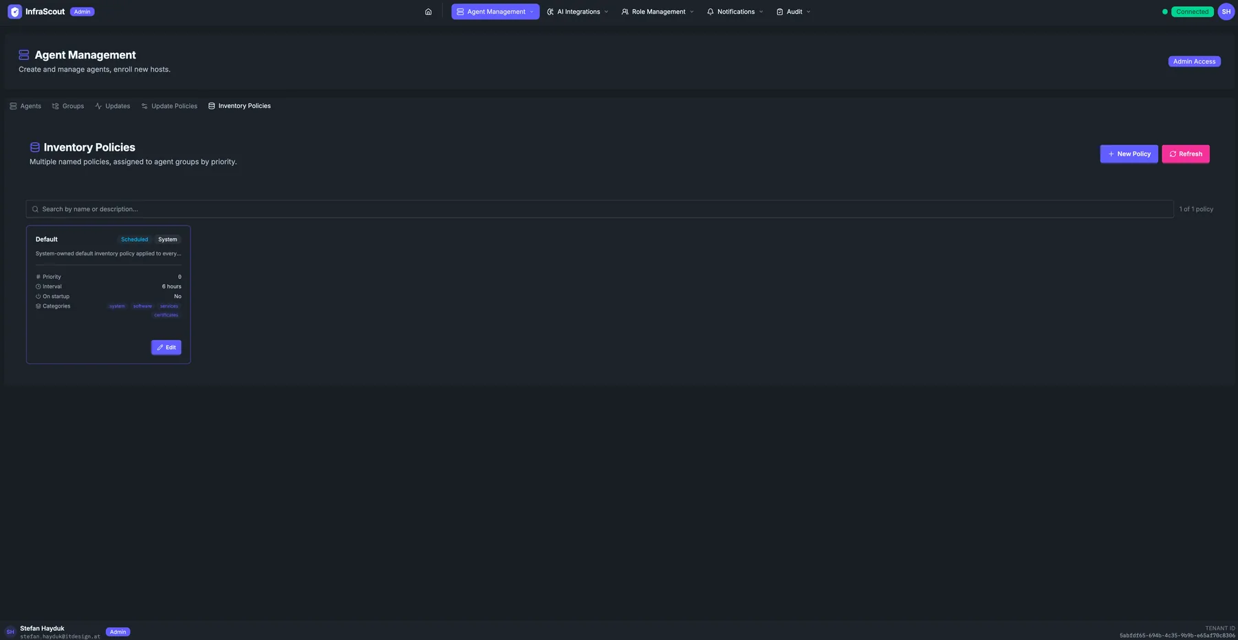 Inventory Policies tab with the system-owned Default policy listing priority, interval, on-startup behavior, and the categories collected