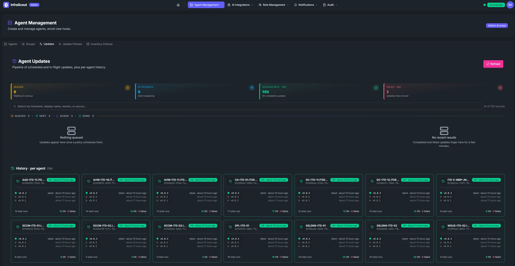 Agent Updates tab with KPI strip (queued, in progress, success rate, failed) and per-agent history grid below