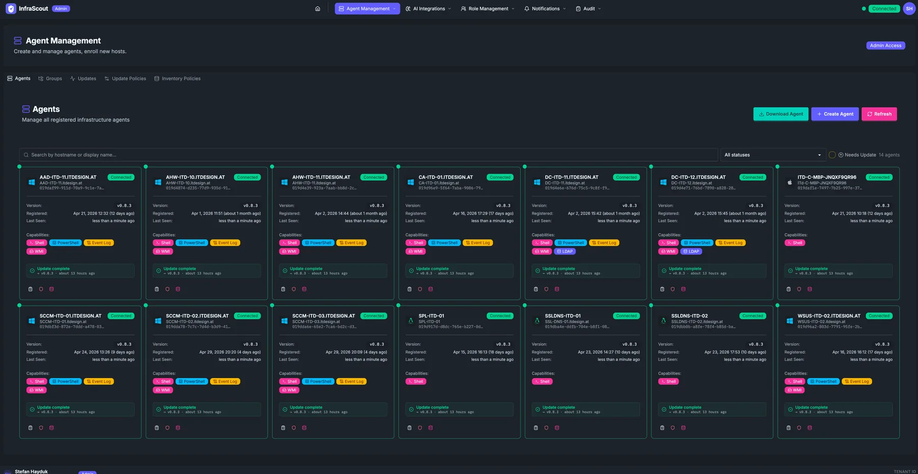 Admin Agent Management page with a card grid of agents, each showing host metadata, status, capabilities, group membership, and management actions