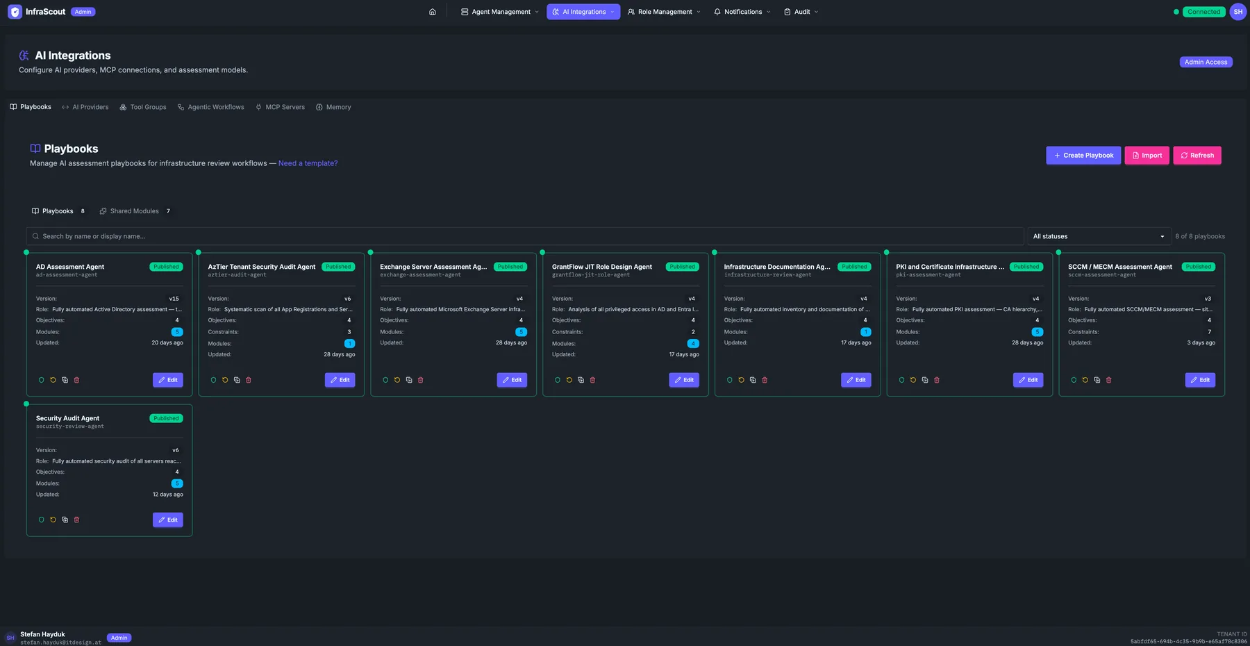 Playbooks tab with a card grid of available playbooks (AD Assessment Agent, Exchange Server Assessment, PKI and Certificate Infrastructure, SCCM/MECM Assessment, etc.)
