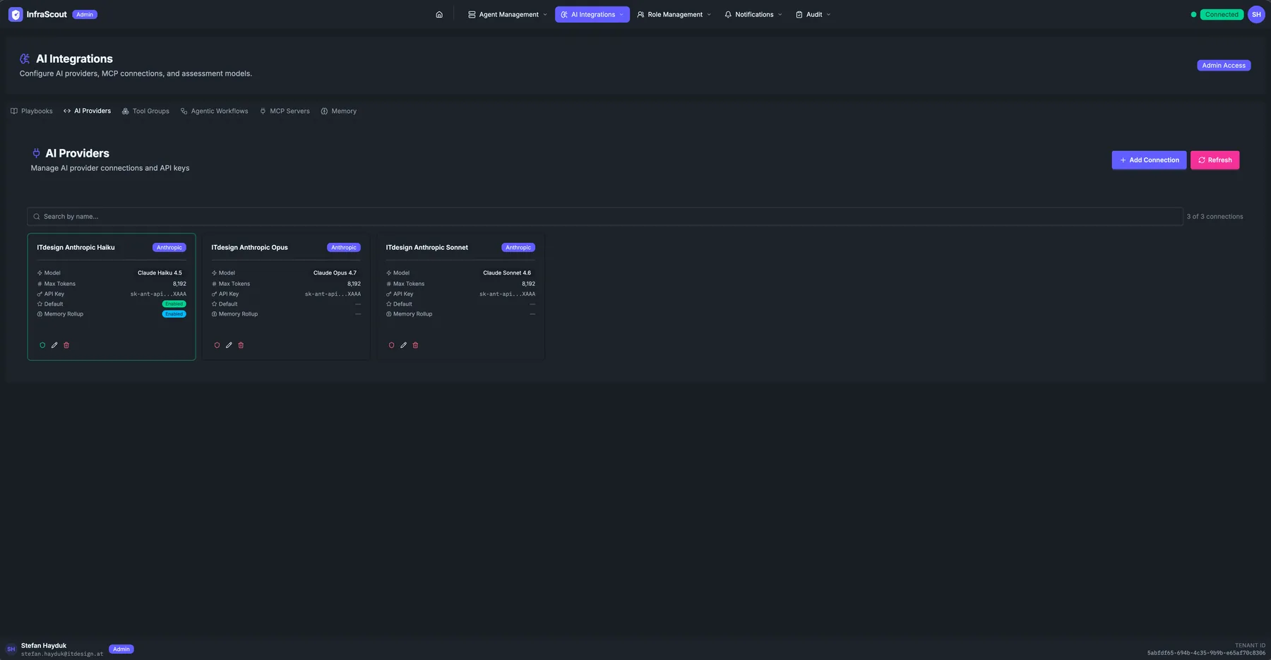 AI Providers tab with three Claude connections (ITdesign Anthropic Haiku, ITdesign Anthropic Opus, ITdesign Anthropic Sonnet) showing model, max tokens, API key, default flag, and memory rollup