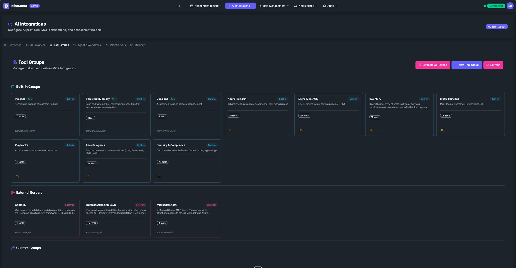 Tool Groups tab with Built-in Groups (Insights, Persistent Memory, Sessions, Acme Platform, Entra ID Identity, Inventory, M365 Services, Remote Agents, Security & Compliance), External Servers (Context7, ITdesign Atlassian Rovo, Microsoft Learn), and Custom Groups