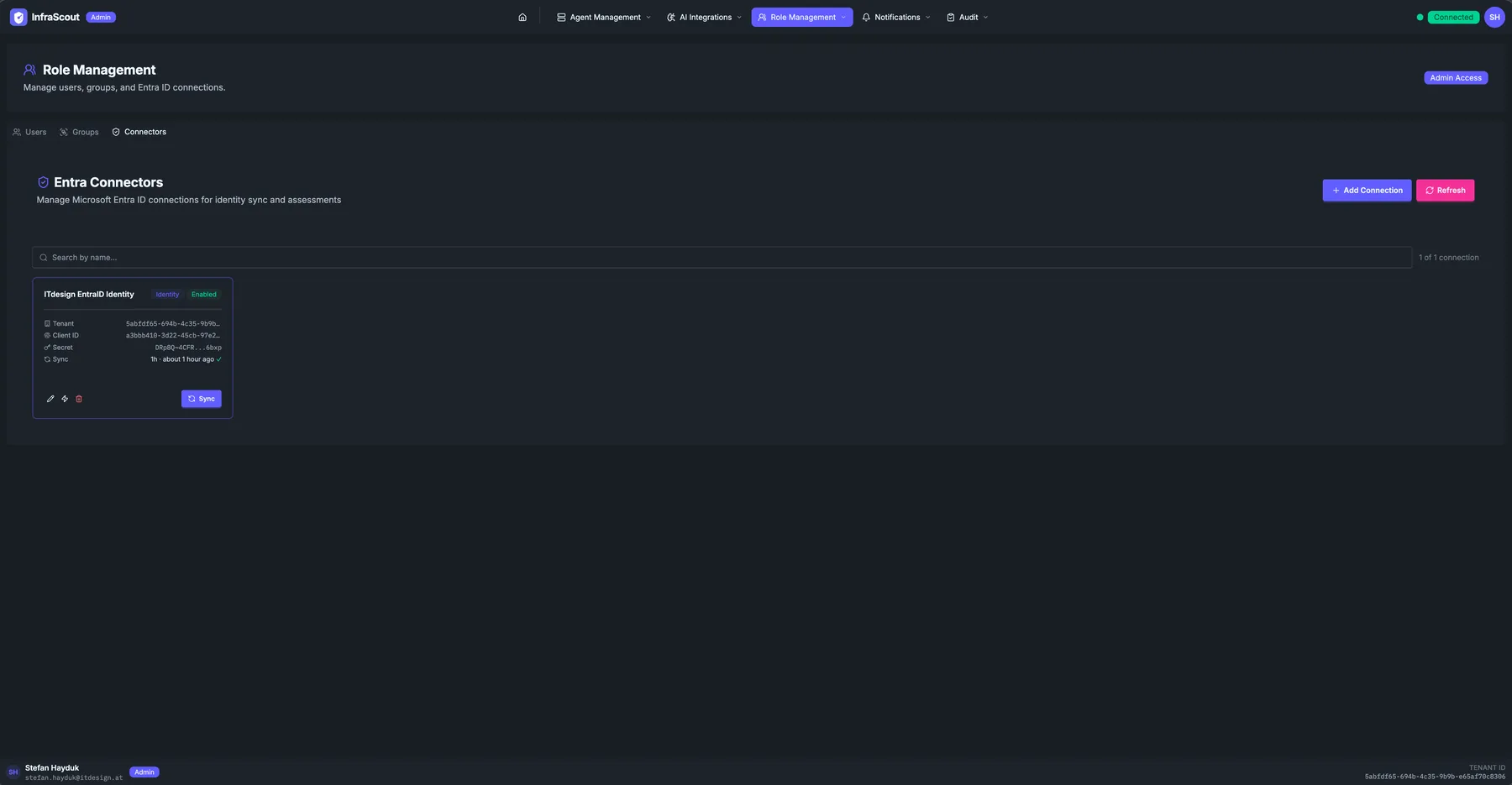 Connectors tab with one Entra ID connection (ITdesign EntraID Identity) showing tenant ID, client ID, secret, last sync, and Sync action
