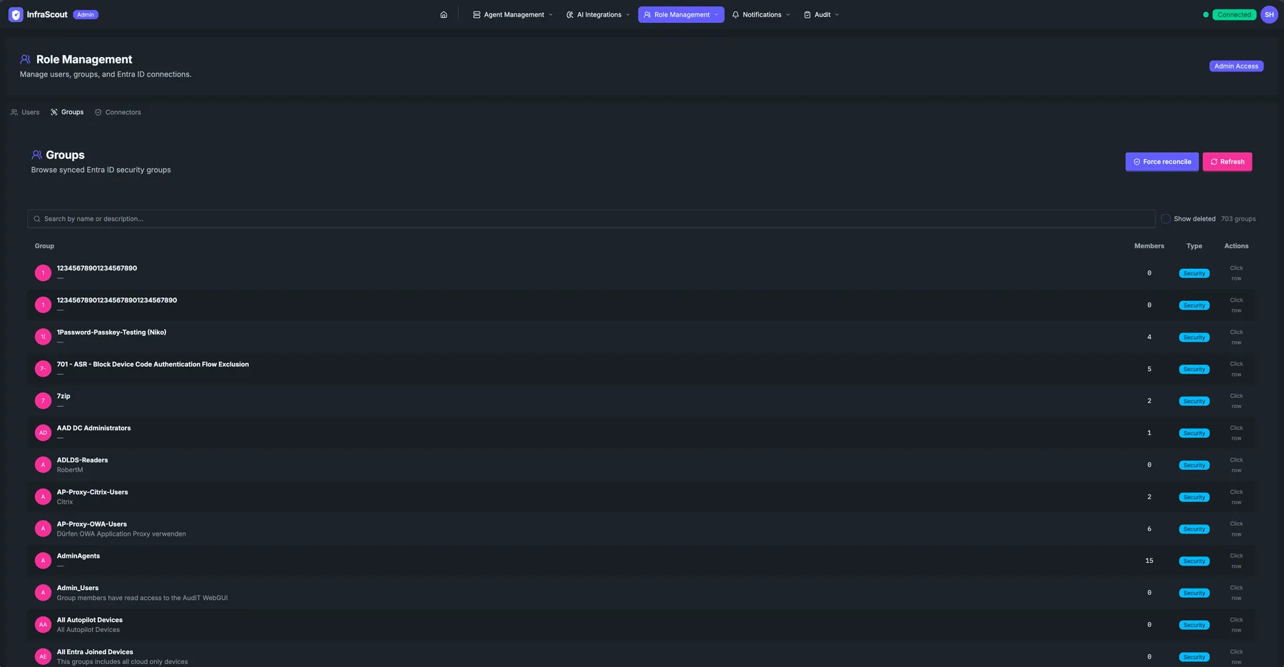 Groups table with one row per synced Entra group — name, members, type, status, and reconcile control
