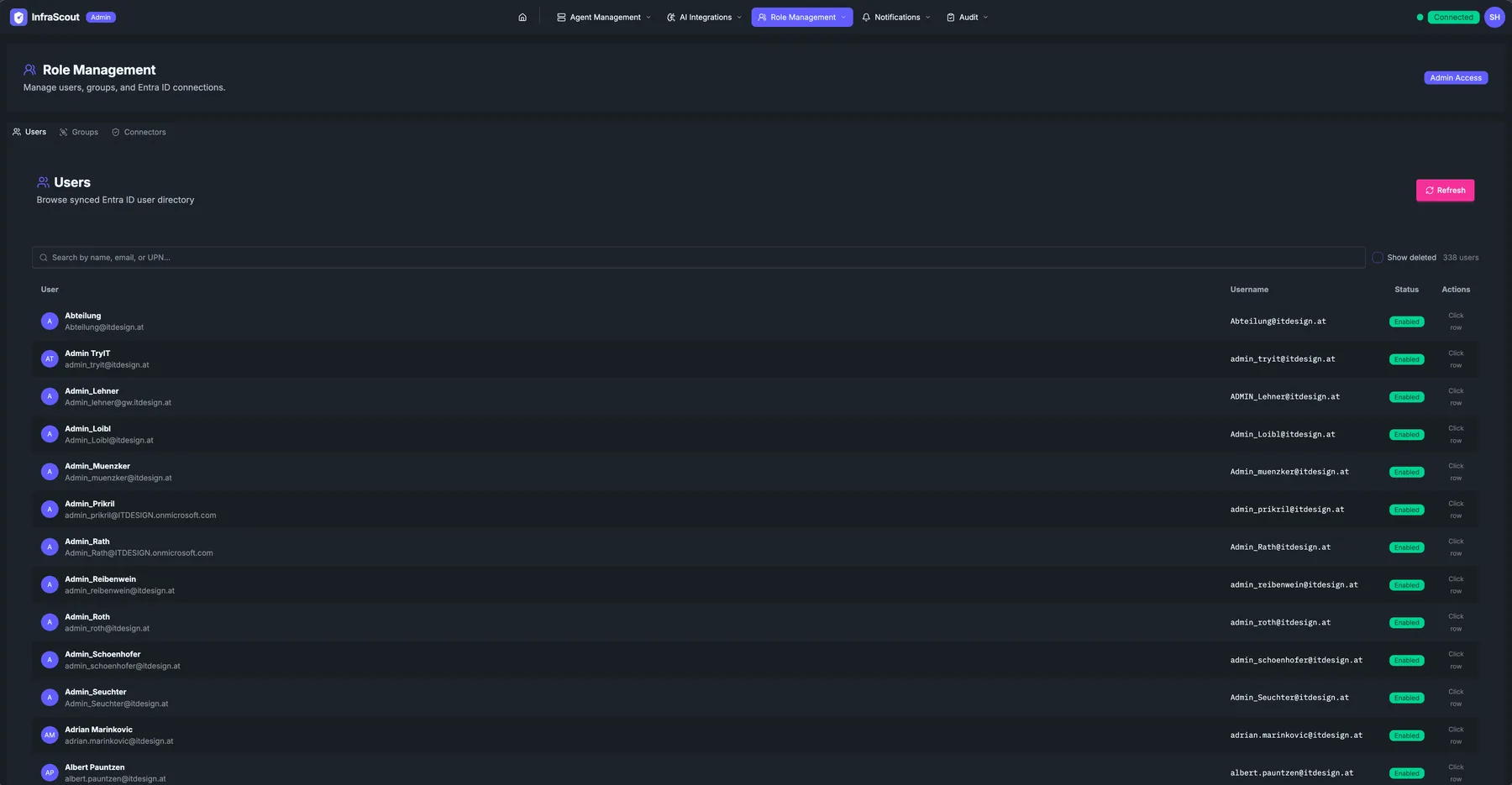 Users table with one row per synced Entra user — display name, UPN, status, and per-row actions