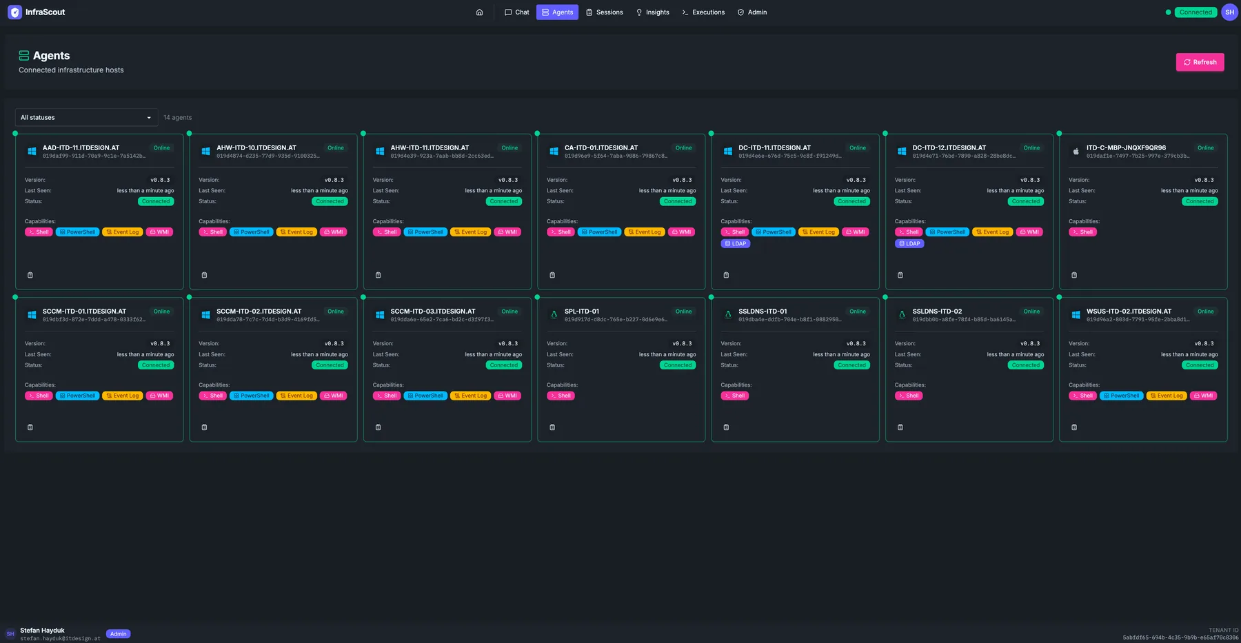 Agents grid with status filter and a card for every connected host showing version, last seen, status, and capabilities