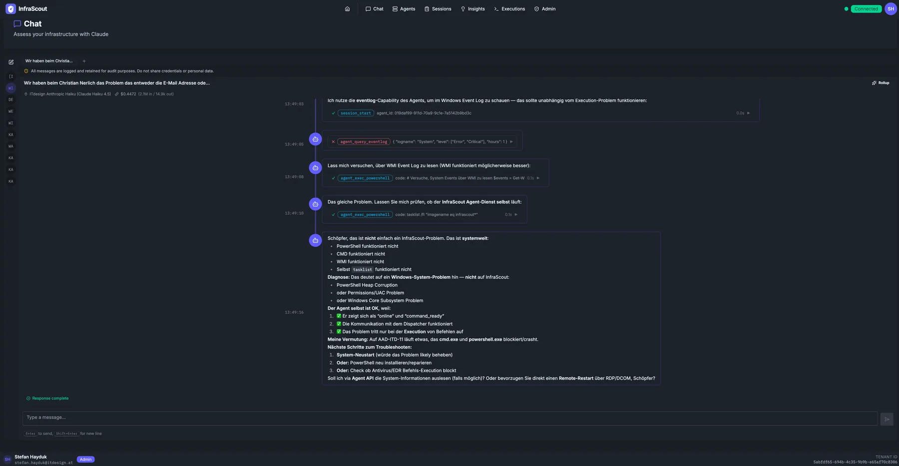 Chat in progress with a German conversation about Windows Event Log capability and execution metadata