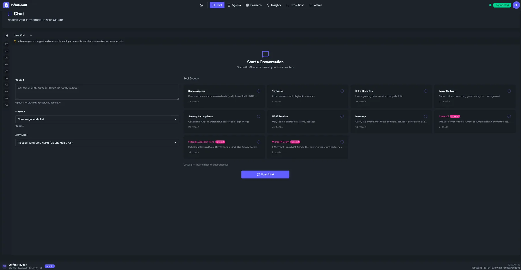 Chat launch screen with context, playbook, and AI provider on the left and a grid of tool group cards on the right